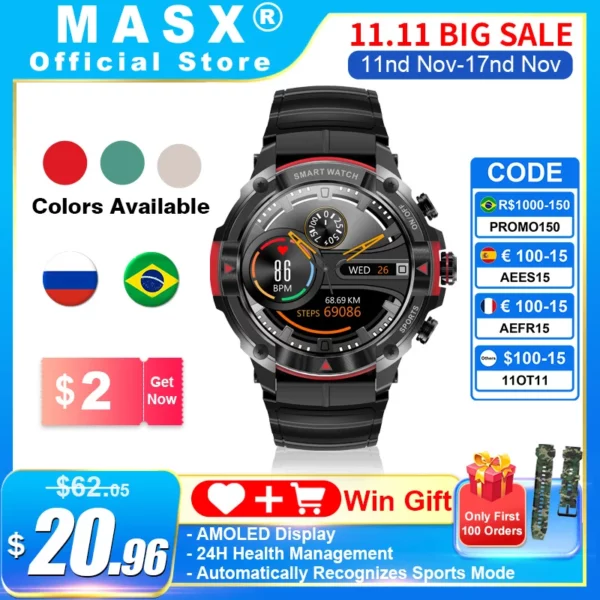 MASX MOSS Ⅱ smart watch 1.39'' AMOLED Display 420mAH bluetooth call Military-grade Toughness Waterproof Sport watch men and wome