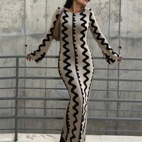 Summer Women Striped Knitted Maxi Dress Elegant O-neck Flare Long Sleeve Bodycon Dress Ladies Fashion Streetwear Party Dresses