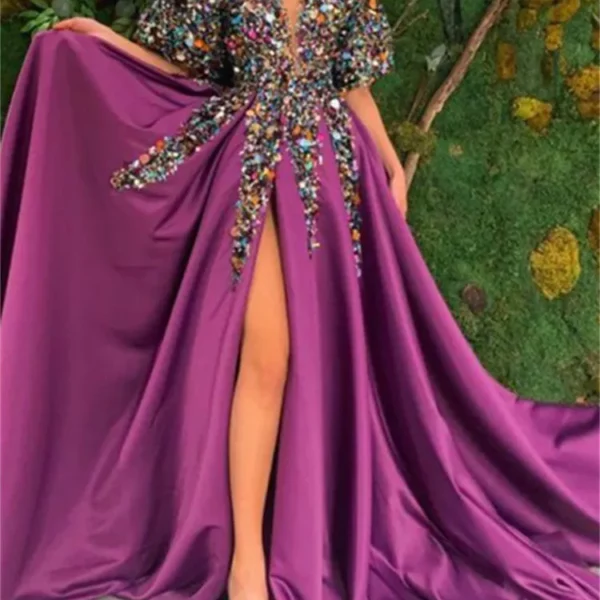 Aotvotee Sequins Floral Dress for Women 2023 Fashion Vintage V Neck Maxi Dress Elegant High Waisted Puff Sleeve Evening Dresses